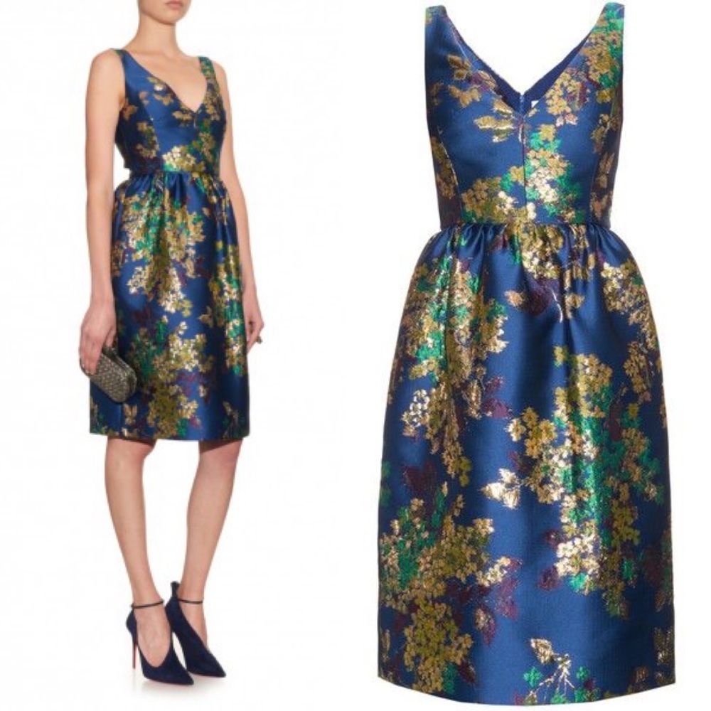 ERDEM Dora blue floral jacquard metallic cocktail dress